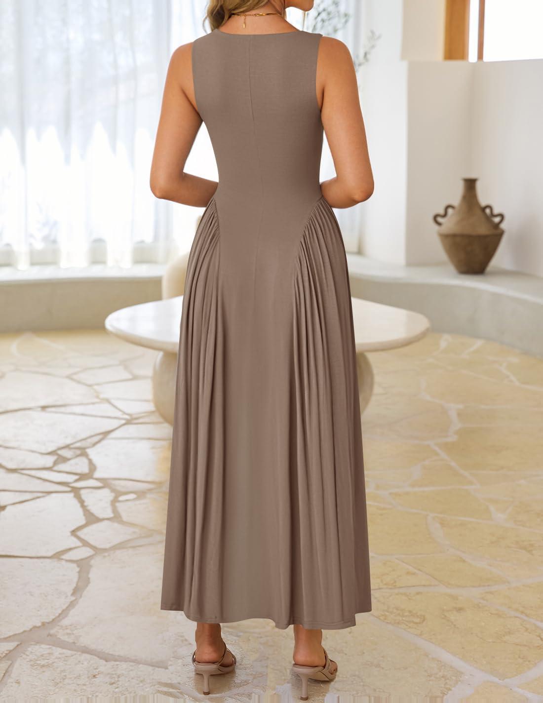 imageZESICA Womens 2026 Summer Sleeveless Square Neck Sundress Casual Long Flowy A Line Beach Vacation Maxi DressesKhaki