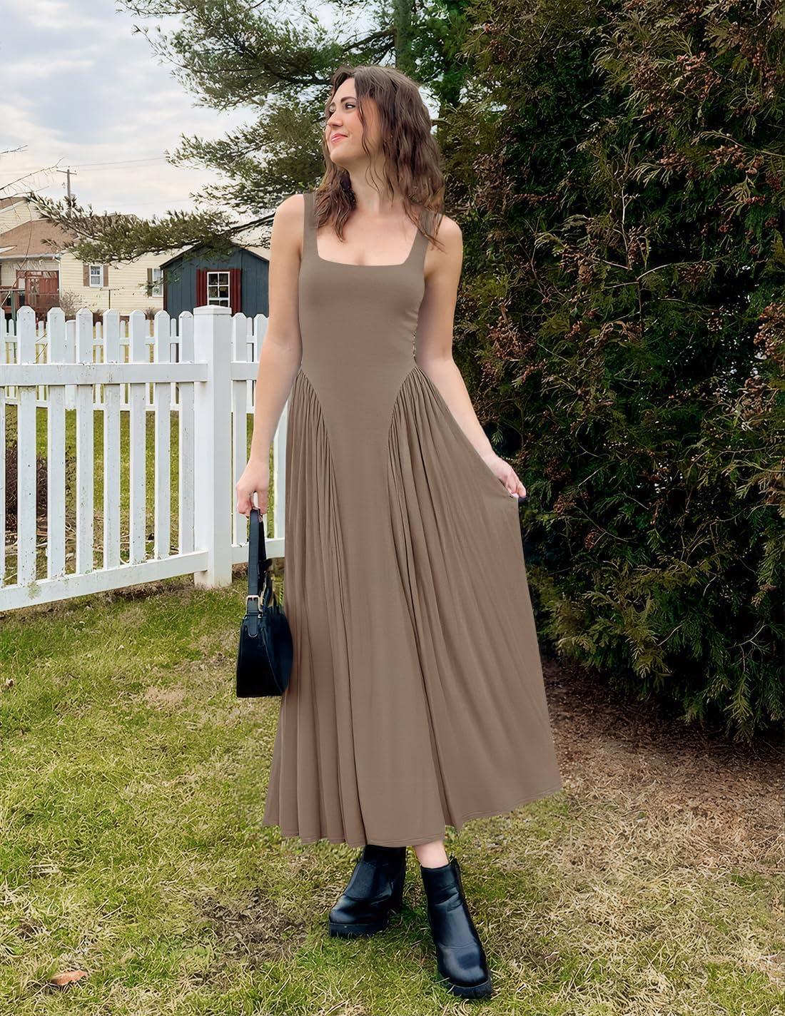 imageZESICA Womens 2026 Summer Sleeveless Square Neck Sundress Casual Long Flowy A Line Beach Vacation Maxi DressesKhaki