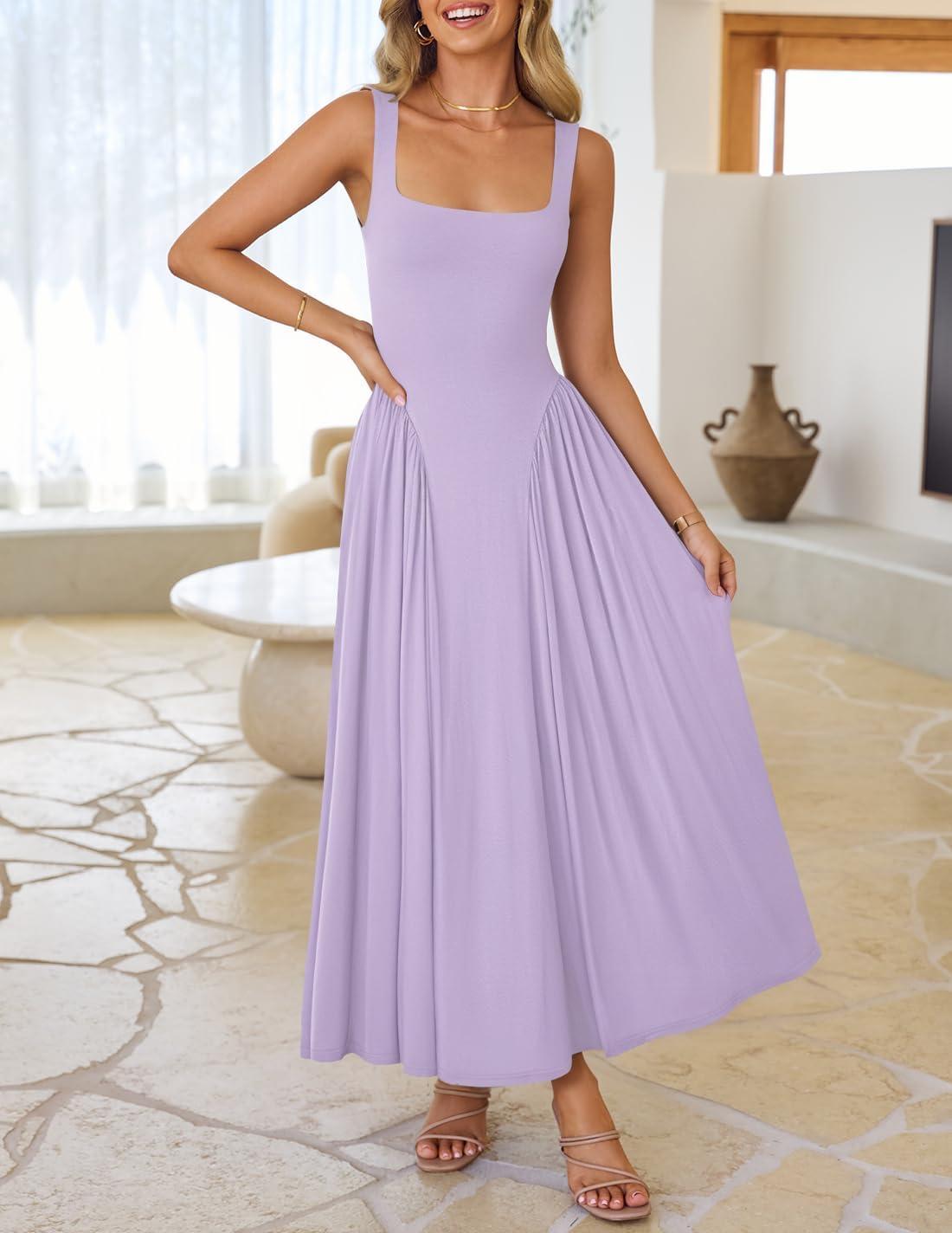 imageZESICA Womens 2026 Summer Sleeveless Square Neck Sundress Casual Long Flowy A Line Beach Vacation Maxi DressesPurple