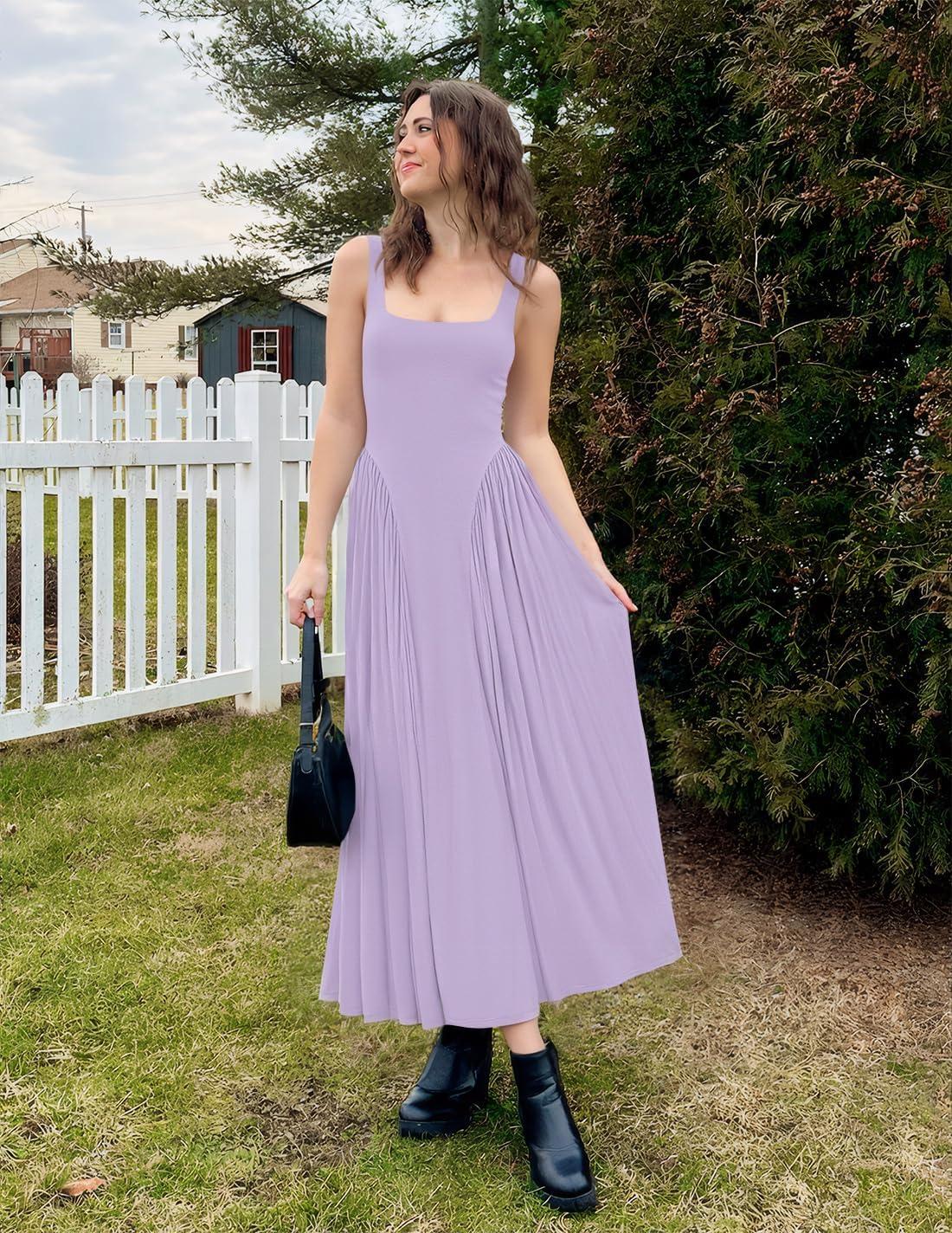 imageZESICA Womens 2026 Summer Sleeveless Square Neck Sundress Casual Long Flowy A Line Beach Vacation Maxi DressesPurple