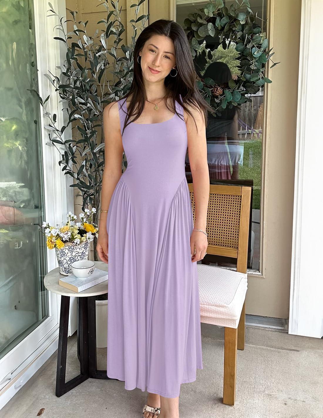 imageZESICA Womens 2026 Summer Sleeveless Square Neck Sundress Casual Long Flowy A Line Beach Vacation Maxi DressesPurple