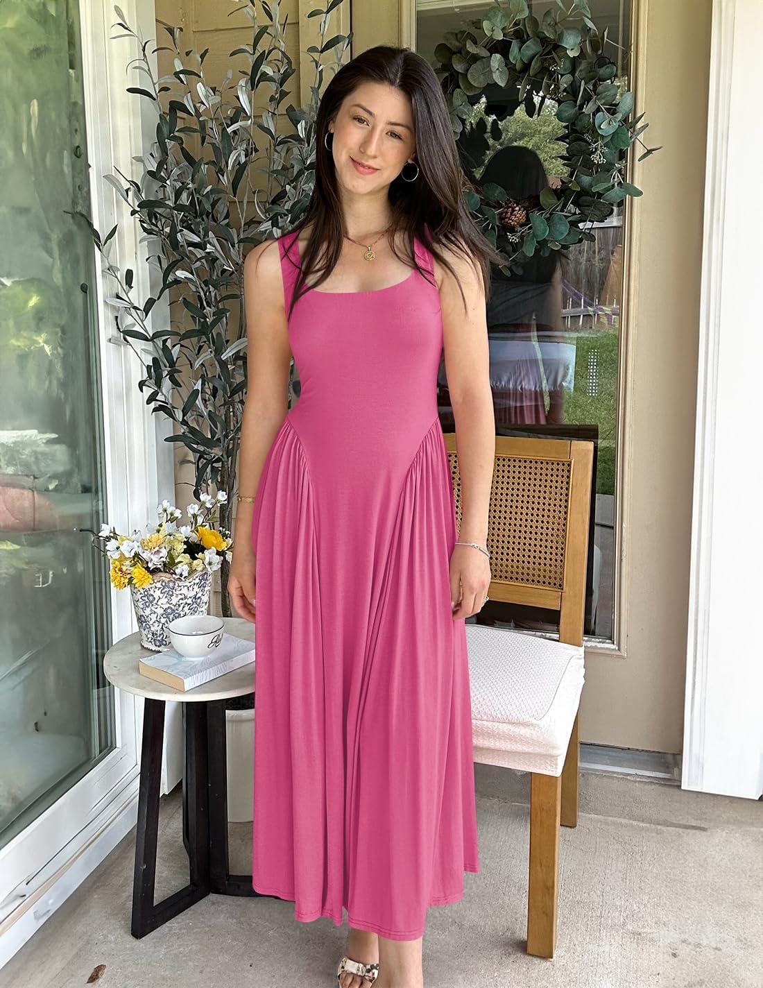 imageZESICA Womens 2026 Summer Sleeveless Square Neck Sundress Casual Long Flowy A Line Beach Vacation Maxi DressesRose