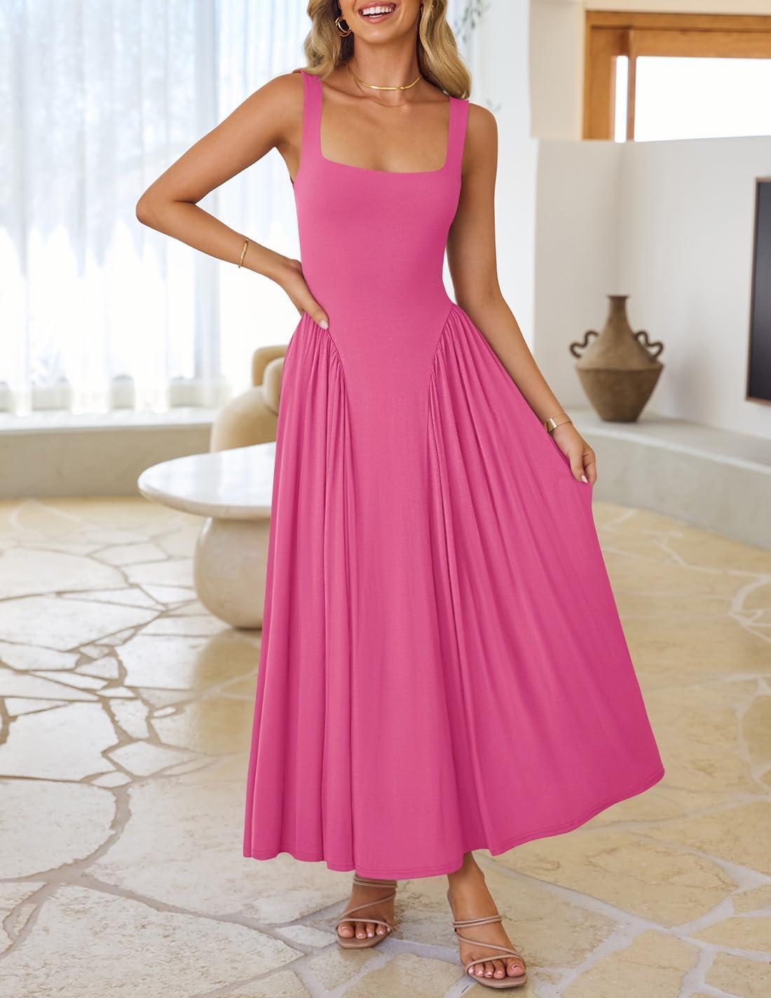 imageZESICA Womens 2026 Summer Sleeveless Square Neck Sundress Casual Long Flowy A Line Beach Vacation Maxi DressesRose