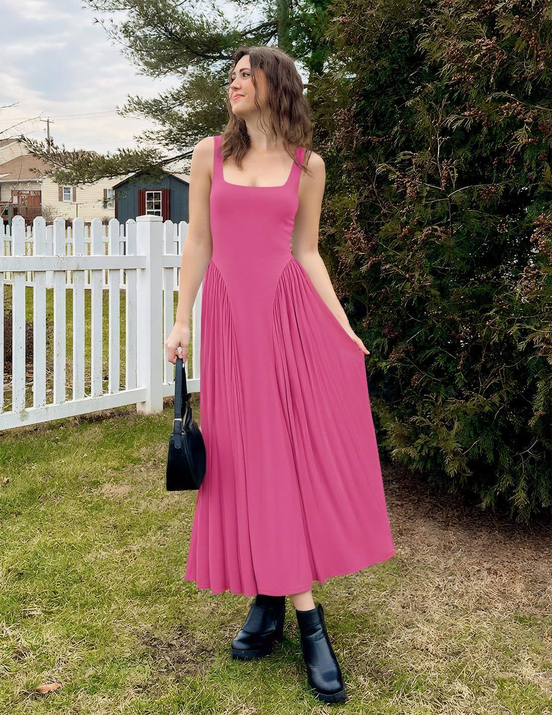 imageZESICA Womens 2026 Summer Sleeveless Square Neck Sundress Casual Long Flowy A Line Beach Vacation Maxi DressesRose