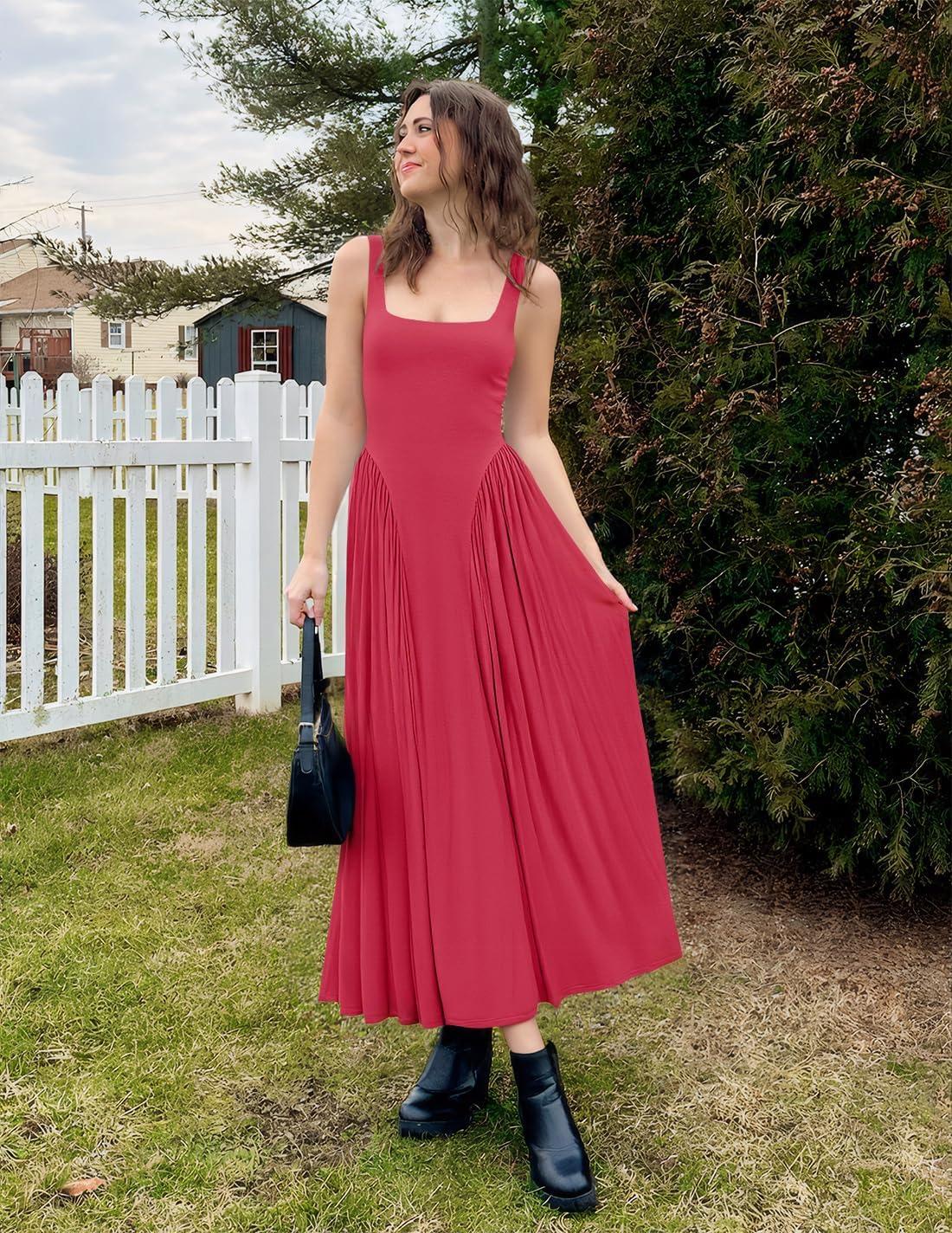 imageZESICA Womens 2026 Summer Sleeveless Square Neck Sundress Casual Long Flowy A Line Beach Vacation Maxi DressesWatermelonred