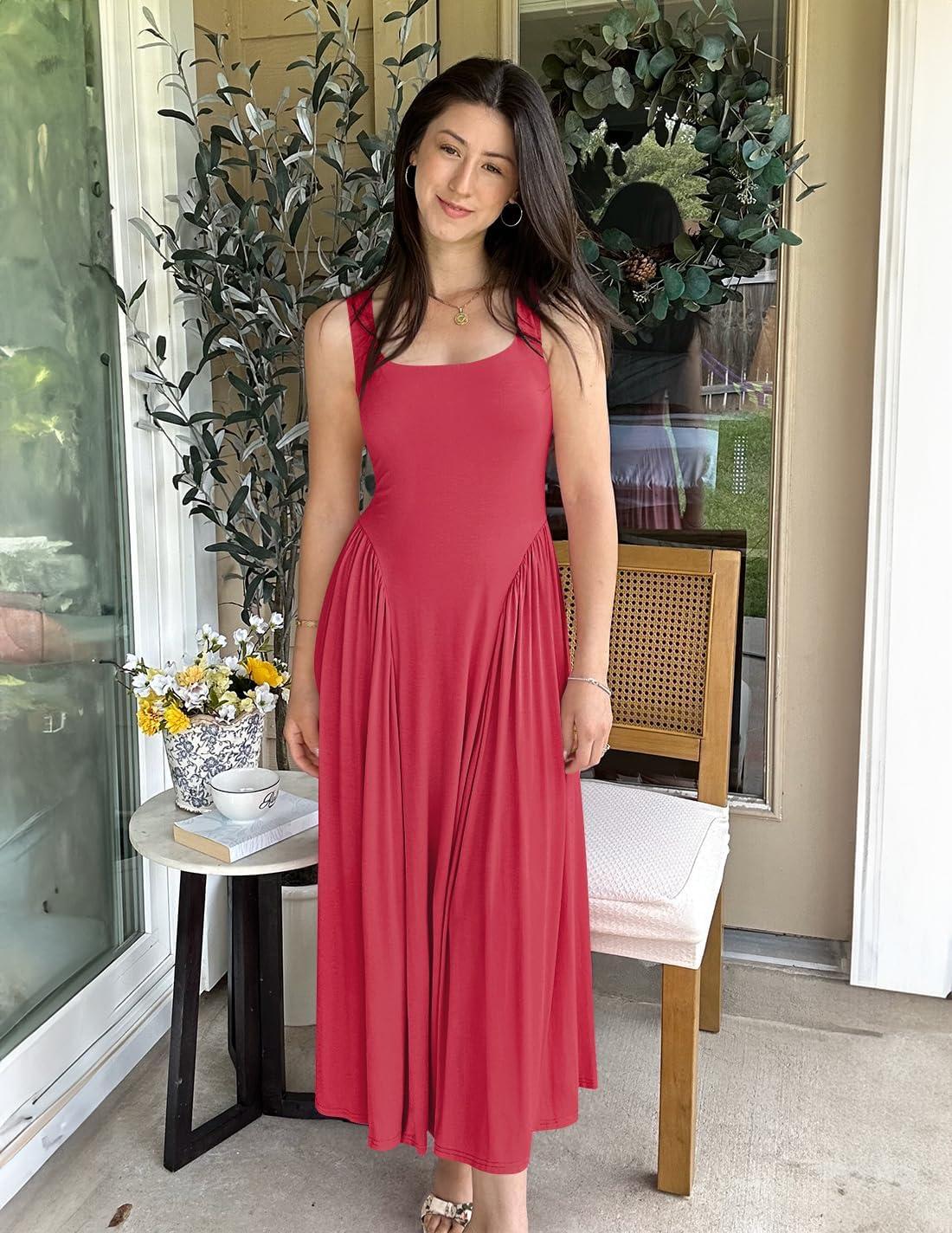 imageZESICA Womens 2026 Summer Sleeveless Square Neck Sundress Casual Long Flowy A Line Beach Vacation Maxi DressesWatermelonred