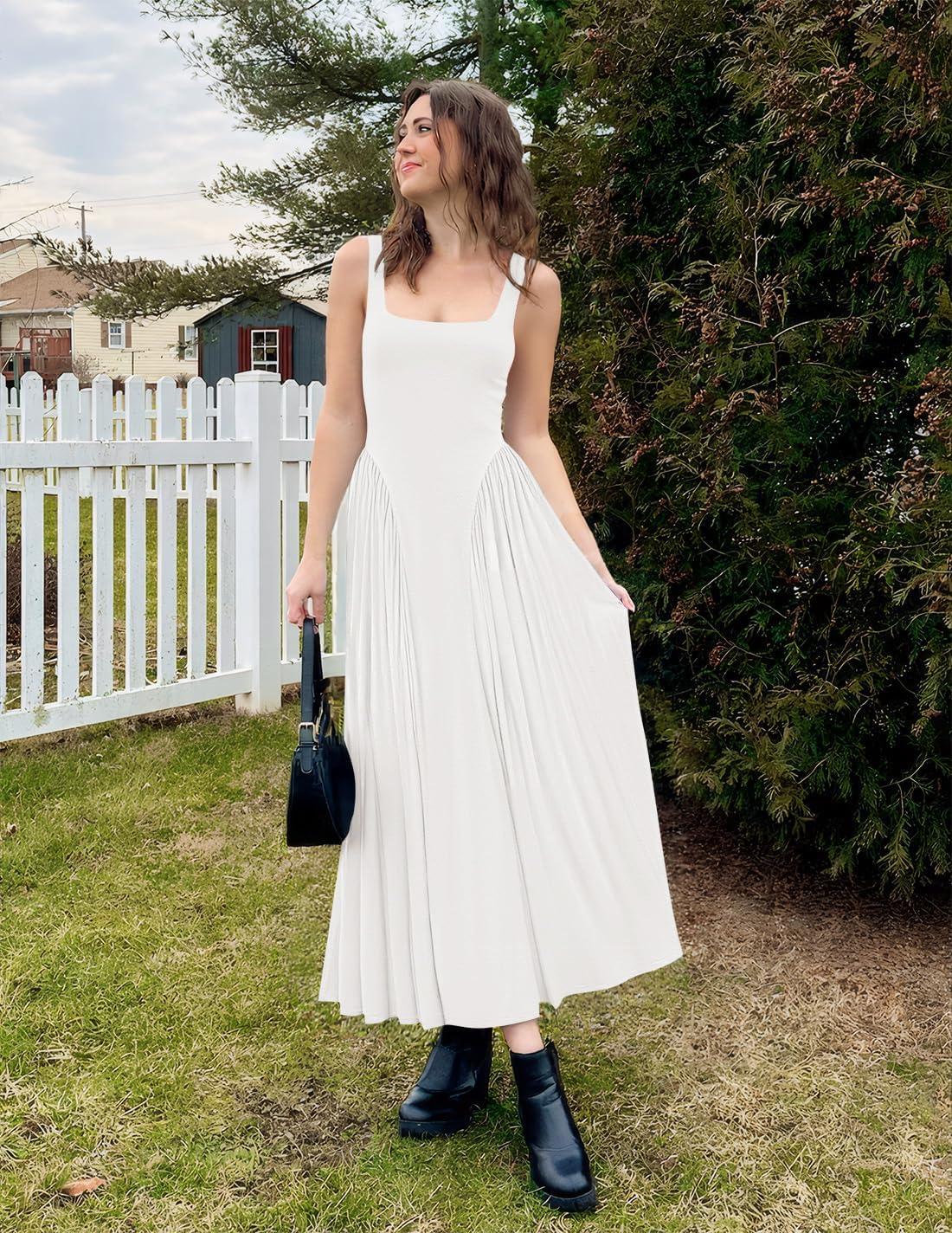 imageZESICA Womens 2026 Summer Sleeveless Square Neck Sundress Casual Long Flowy A Line Beach Vacation Maxi DressesWhite