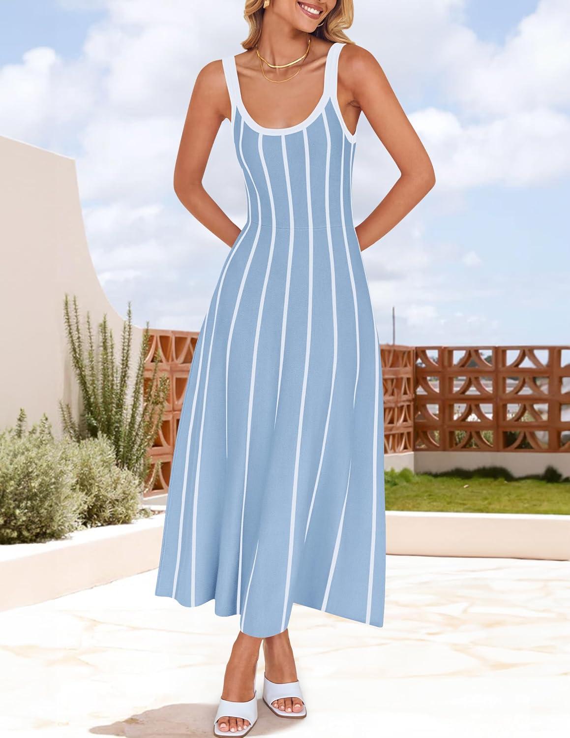 imageZESICA Womens 2026 Summer Sleeveless Striped Midi Dresses Casual A Line Swing Knit Long Dress Beach Vacation ClothesBlue
