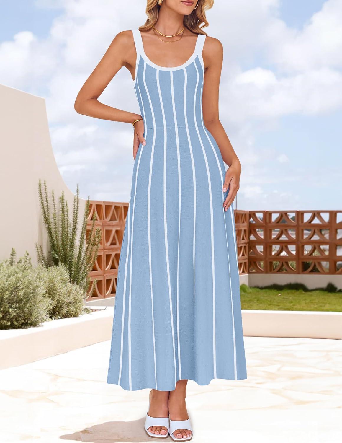 imageZESICA Womens 2026 Summer Sleeveless Striped Midi Dresses Casual A Line Swing Knit Long Dress Beach Vacation ClothesBlue