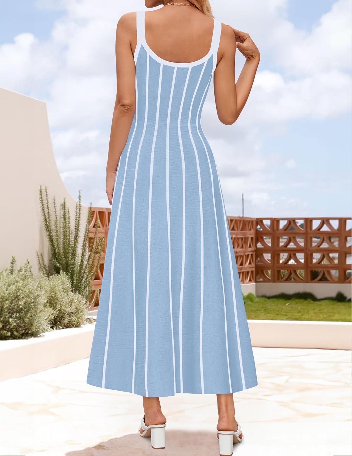 imageZESICA Womens 2026 Summer Sleeveless Striped Midi Dresses Casual A Line Swing Knit Long Dress Beach Vacation ClothesBlue