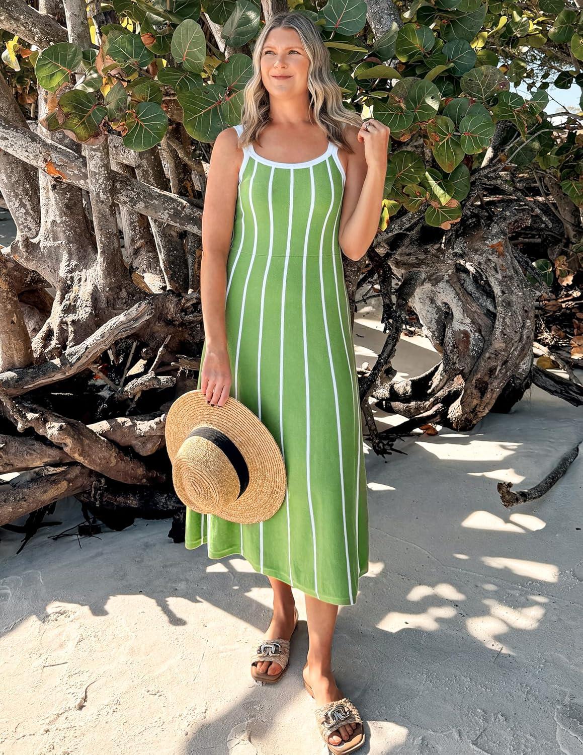 imageZESICA Womens 2026 Summer Sleeveless Striped Midi Dresses Casual A Line Swing Knit Long Dress Beach Vacation ClothesLight Green
