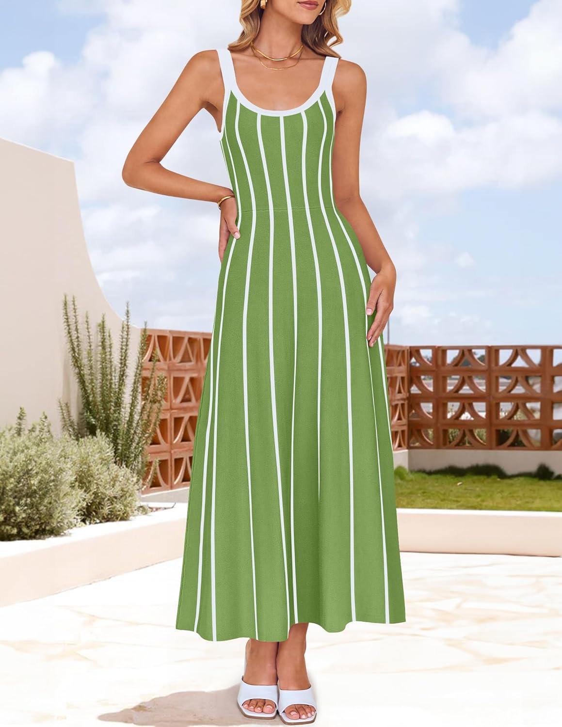 imageZESICA Womens 2026 Summer Sleeveless Striped Midi Dresses Casual A Line Swing Knit Long Dress Beach Vacation ClothesLight Green