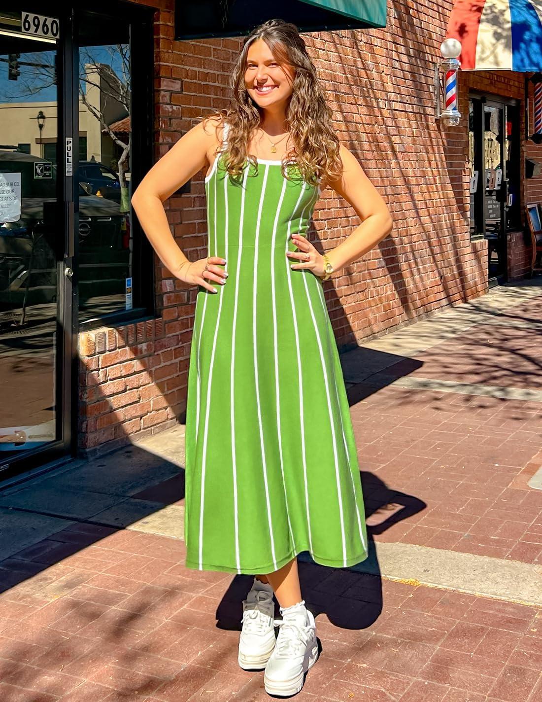 imageZESICA Womens 2026 Summer Sleeveless Striped Midi Dresses Casual A Line Swing Knit Long Dress Beach Vacation ClothesLight Green