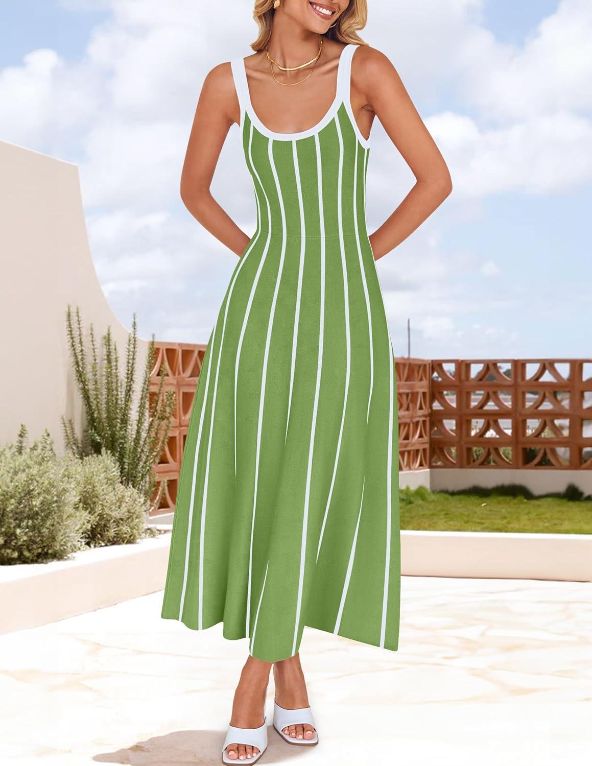 imageZESICA Womens 2026 Summer Sleeveless Striped Midi Dresses Casual A Line Swing Knit Long Dress Beach Vacation ClothesLight Green