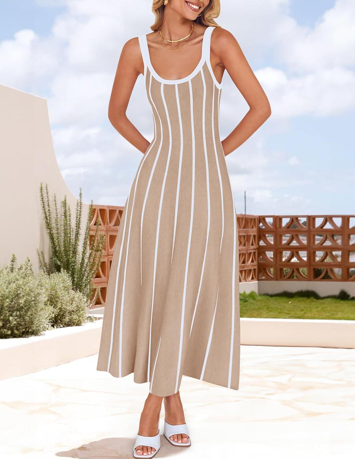imageZESICA Womens 2026 Summer Sleeveless Striped Midi Dresses Casual A Line Swing Knit Long Dress Beach Vacation ClothesOatmeal