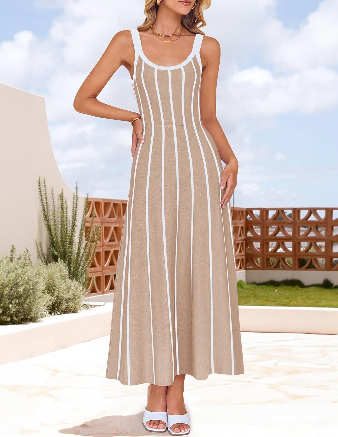 imageZESICA Womens 2026 Summer Sleeveless Striped Midi Dresses Casual A Line Swing Knit Long Dress Beach Vacation ClothesOatmeal