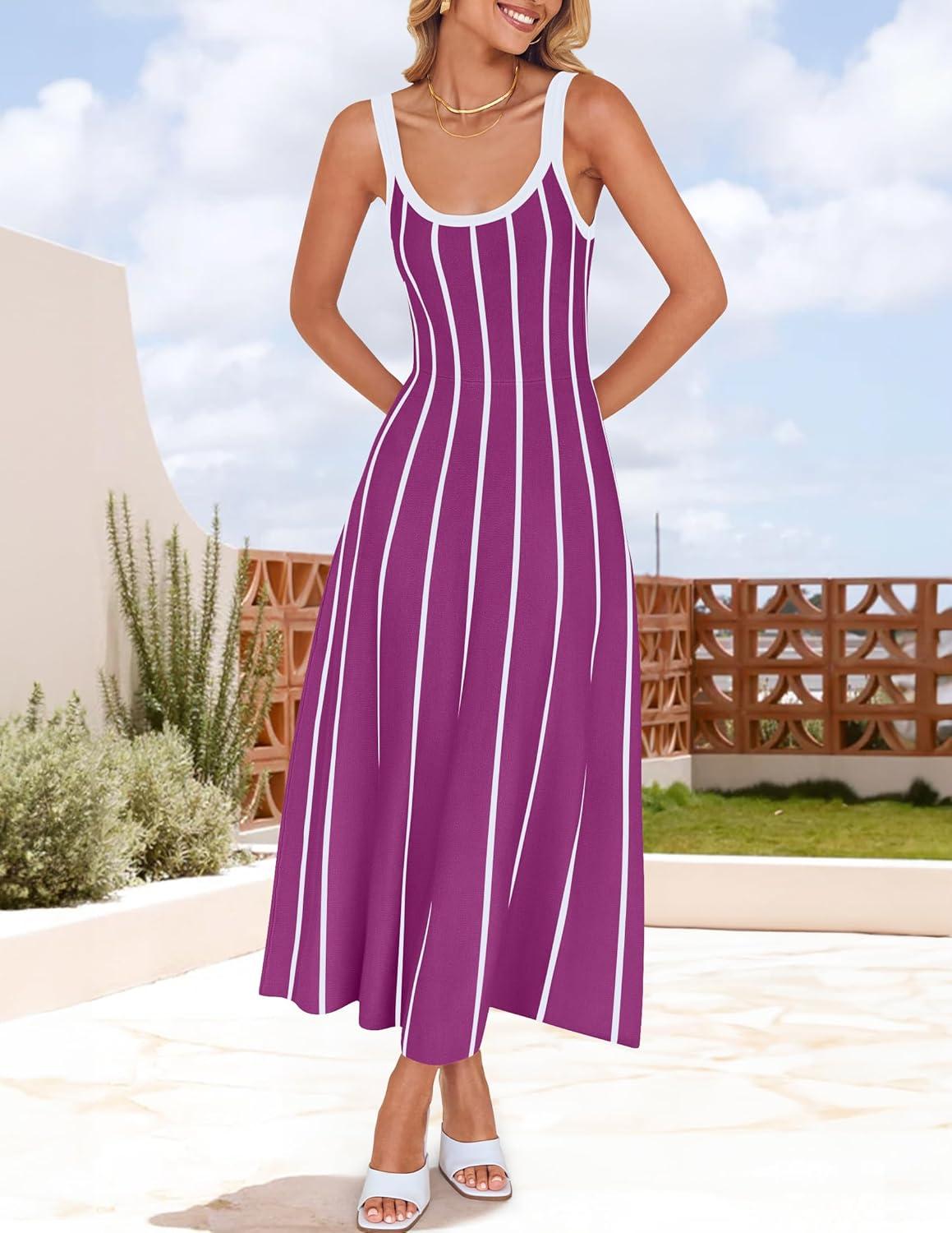 imageZESICA Womens 2026 Summer Sleeveless Striped Midi Dresses Casual A Line Swing Knit Long Dress Beach Vacation ClothesPlum