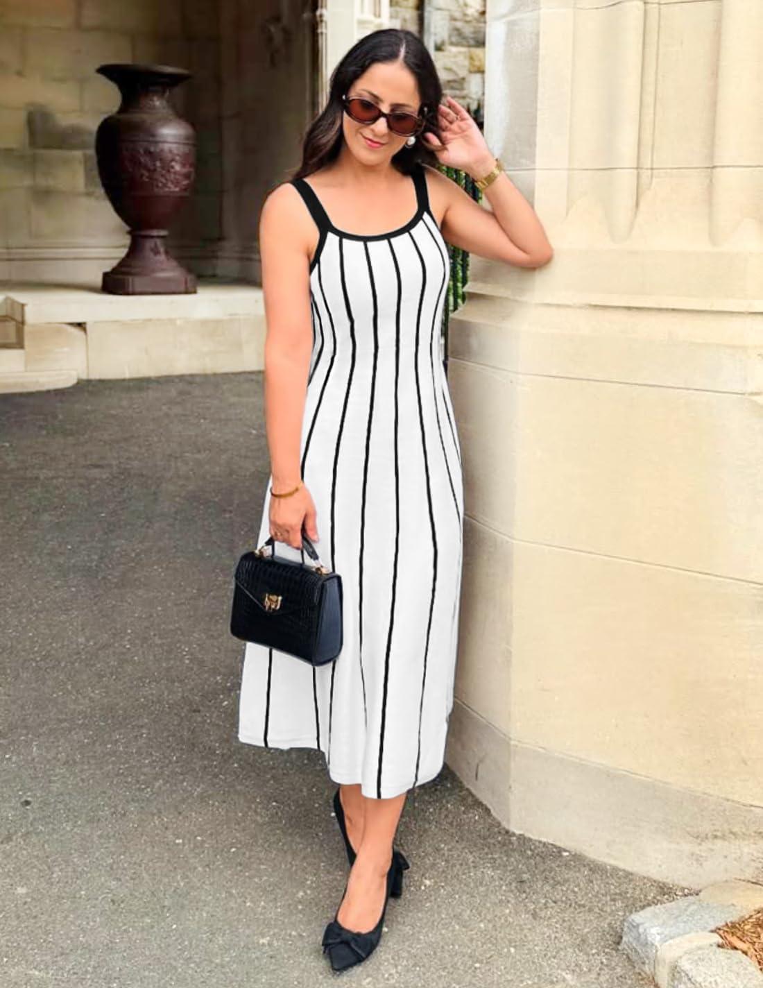 imageZESICA Womens 2026 Summer Sleeveless Striped Midi Dresses Casual A Line Swing Knit Long Dress Beach Vacation ClothesWhite