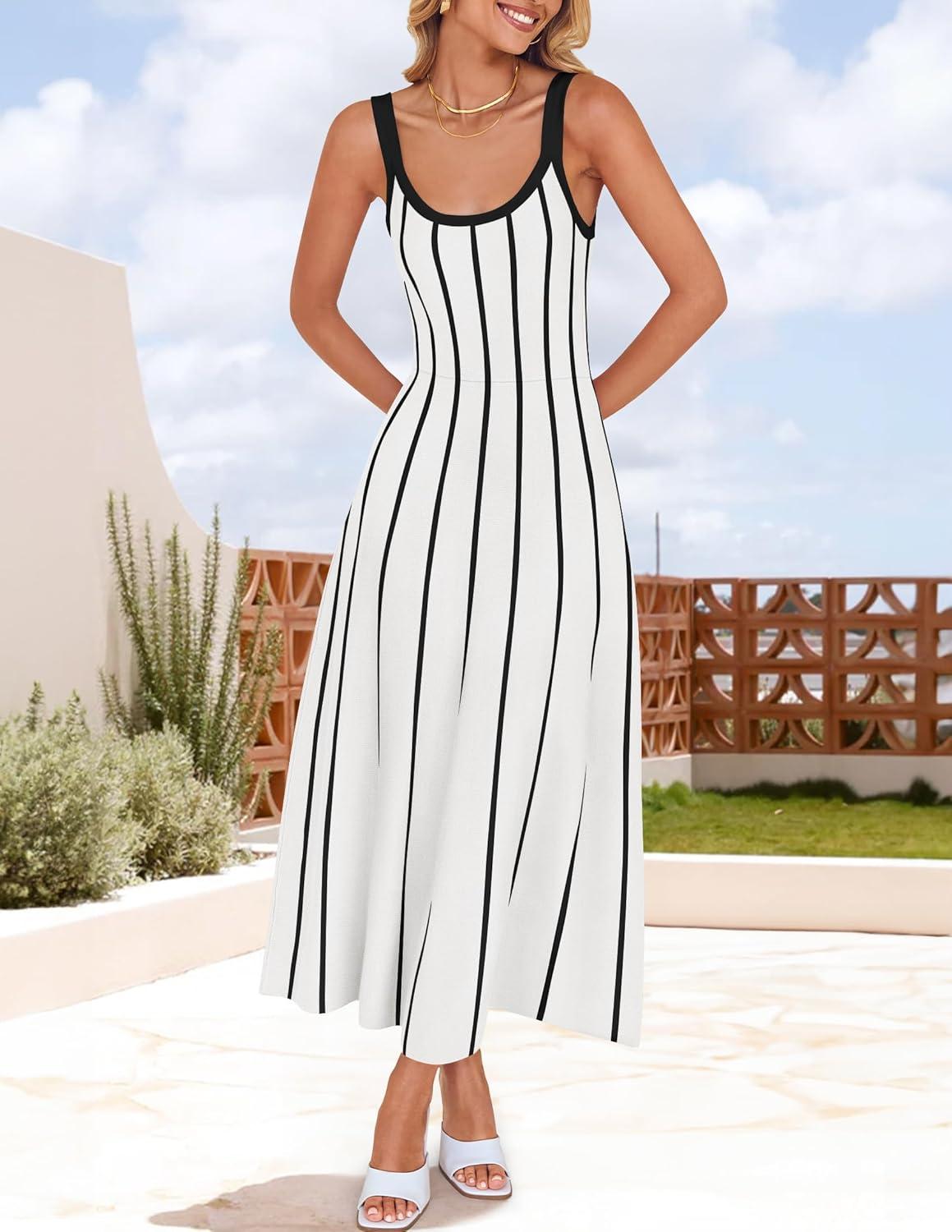 imageZESICA Womens 2026 Summer Sleeveless Striped Midi Dresses Casual A Line Swing Knit Long Dress Beach Vacation ClothesWhite