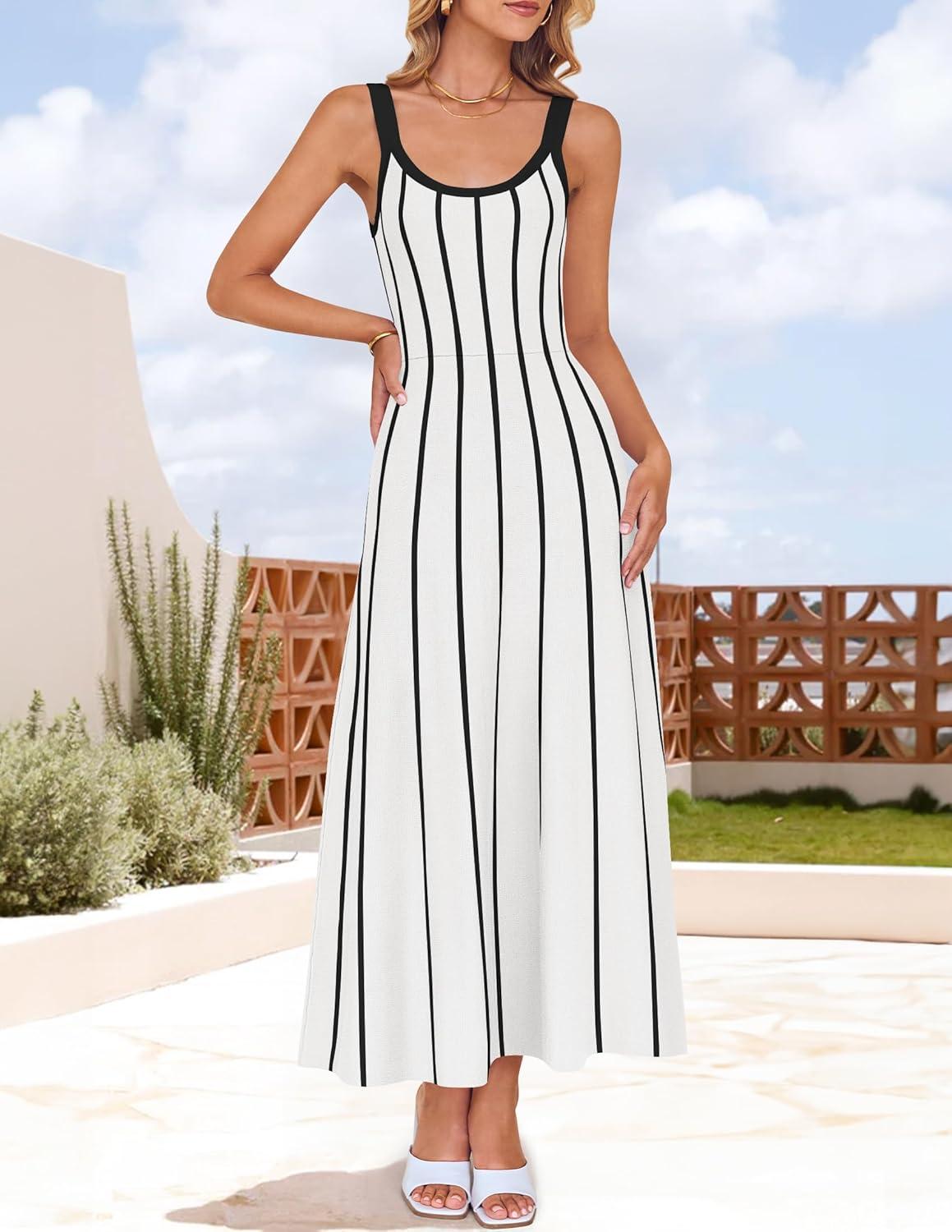 imageZESICA Womens 2026 Summer Sleeveless Striped Midi Dresses Casual A Line Swing Knit Long Dress Beach Vacation ClothesWhite