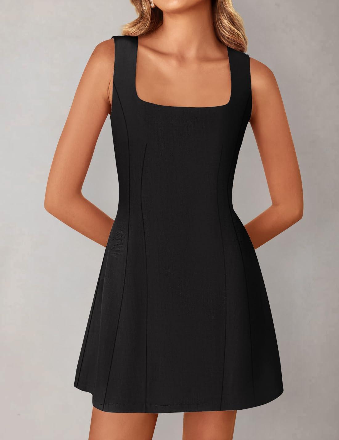 imageZESICA Womens 2026 Summer Sleeveless Tank Mini Dresses Square Neck A Line Flare Party Short DressBlack