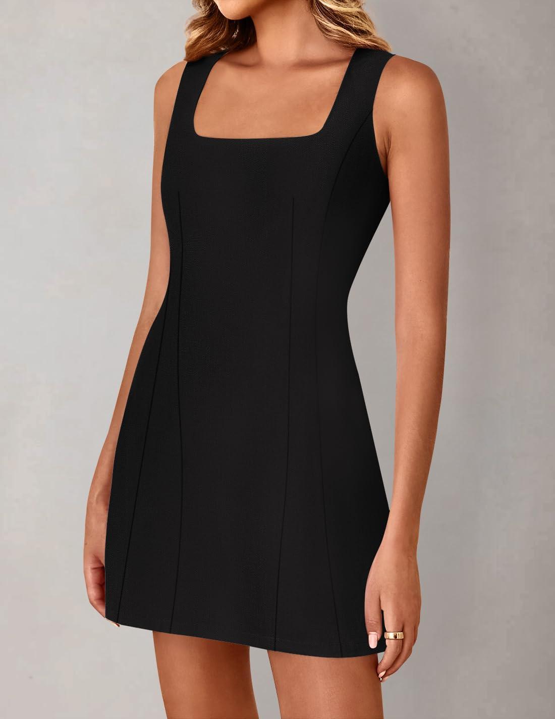imageZESICA Womens 2026 Summer Sleeveless Tank Mini Dresses Square Neck A Line Flare Party Short DressBlack