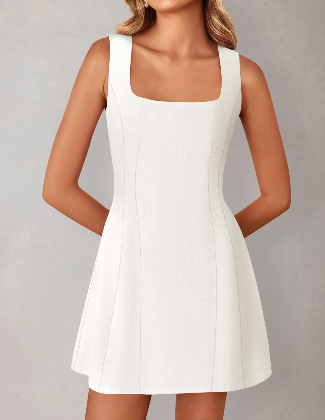 imageZESICA Womens 2026 Summer Sleeveless Tank Mini Dresses Square Neck A Line Flare Party Short DressIvory