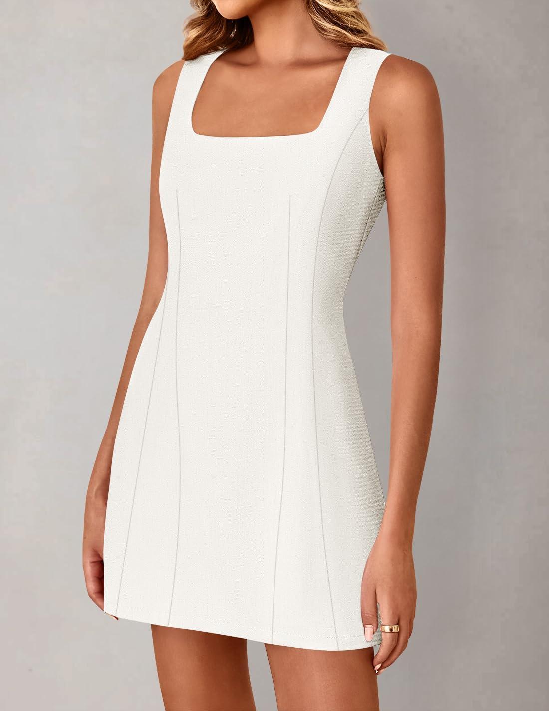 imageZESICA Womens 2026 Summer Sleeveless Tank Mini Dresses Square Neck A Line Flare Party Short DressIvory