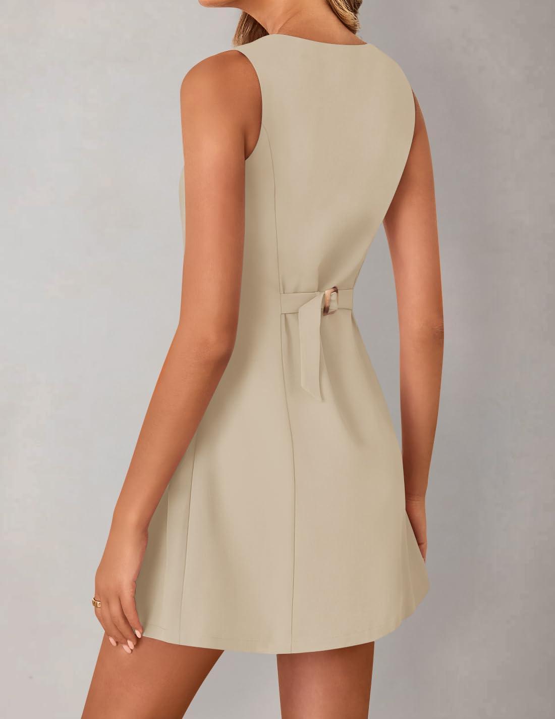 imageZESICA Womens 2026 Summer Sleeveless Tank Mini Dresses Square Neck A Line Flare Party Short DressKhaki