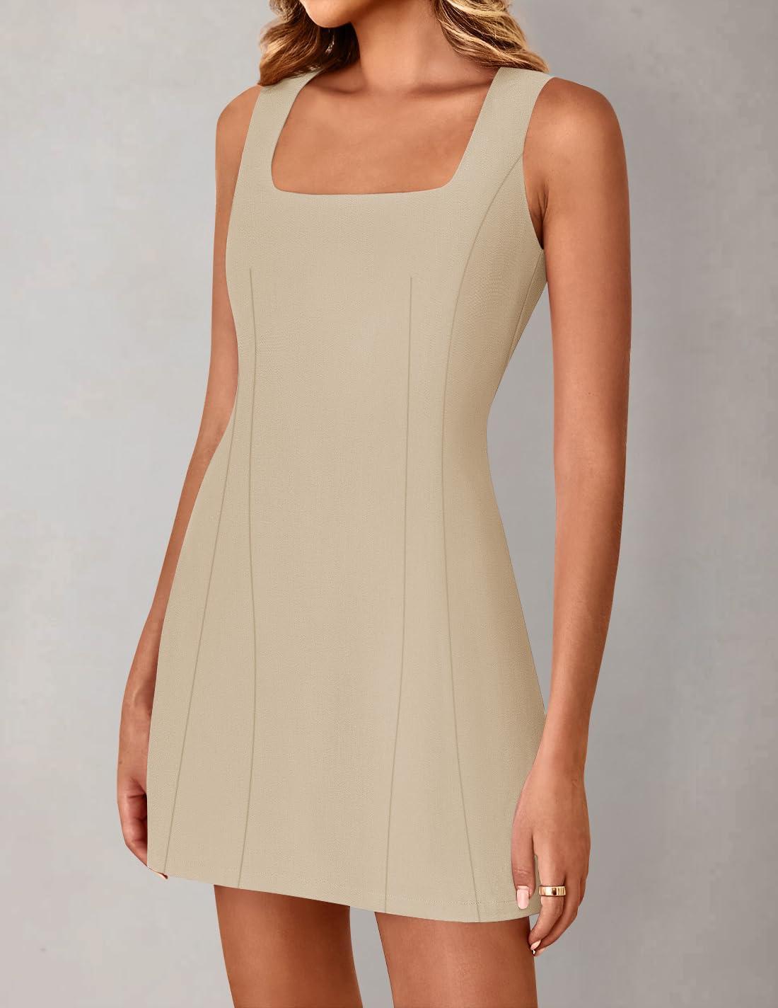 imageZESICA Womens 2026 Summer Sleeveless Tank Mini Dresses Square Neck A Line Flare Party Short DressKhaki