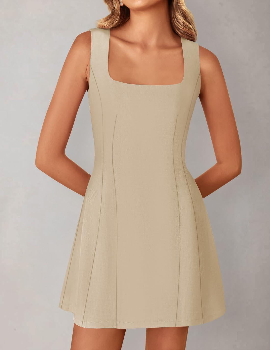 imageZESICA Womens 2026 Summer Sleeveless Tank Mini Dresses Square Neck A Line Flare Party Short DressKhaki