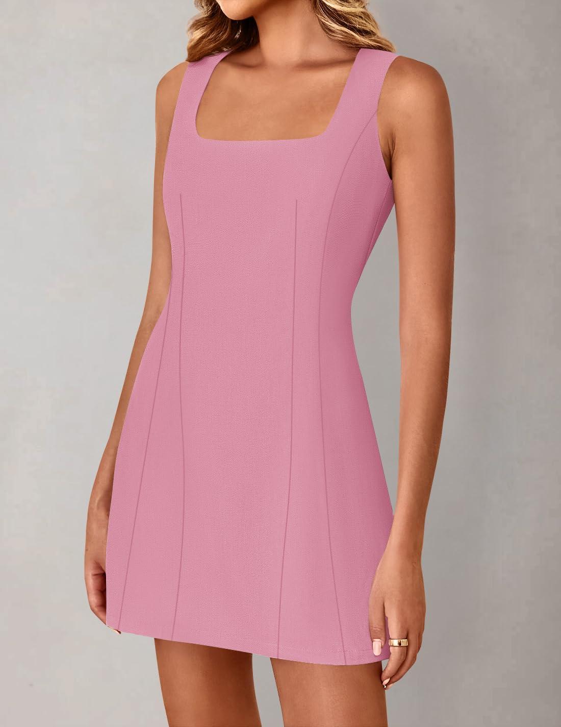 imageZESICA Womens 2026 Summer Sleeveless Tank Mini Dresses Square Neck A Line Flare Party Short DressPink