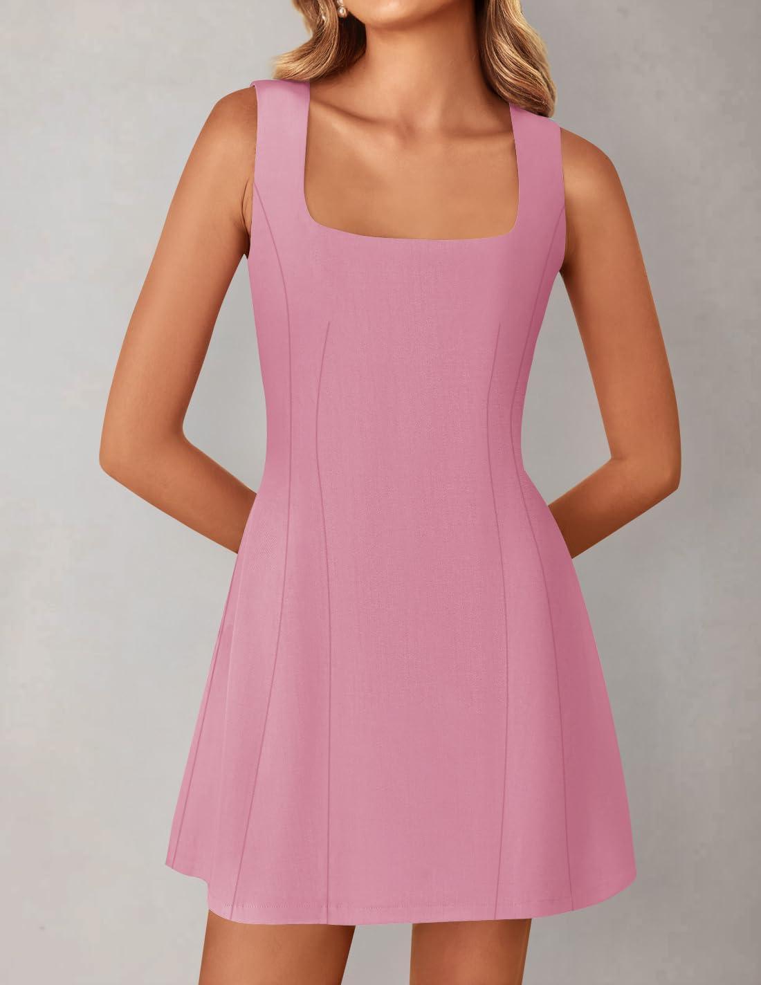imageZESICA Womens 2026 Summer Sleeveless Tank Mini Dresses Square Neck A Line Flare Party Short DressPink