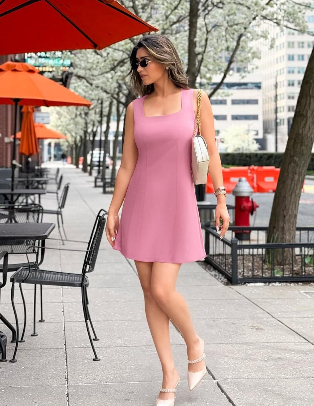 imageZESICA Womens 2026 Summer Sleeveless Tank Mini Dresses Square Neck A Line Flare Party Short DressPink