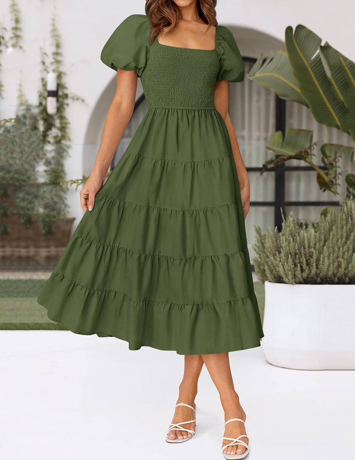imageZESICA Womens 2026 Summer Square Neck Short Puff Sleeve Solid Color High Waist Casual Smocked Flowy A Line Tiered Midi DressArmy Green