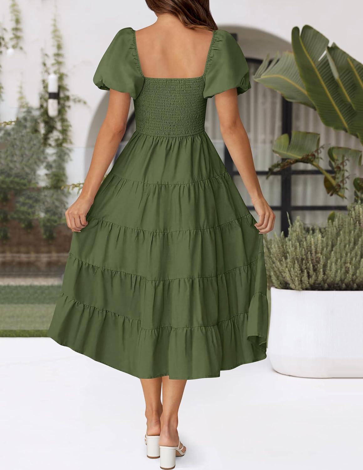 imageZESICA Womens 2026 Summer Square Neck Short Puff Sleeve Solid Color High Waist Casual Smocked Flowy A Line Tiered Midi DressArmy Green