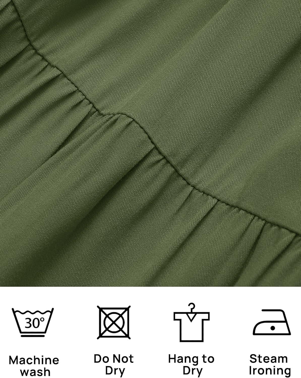imageZESICA Womens 2026 Summer Square Neck Short Puff Sleeve Solid Color High Waist Casual Smocked Flowy A Line Tiered Midi DressArmy Green
