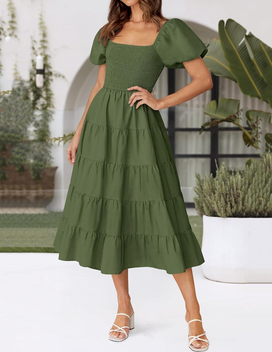 imageZESICA Womens 2026 Summer Square Neck Short Puff Sleeve Solid Color High Waist Casual Smocked Flowy A Line Tiered Midi DressArmy Green