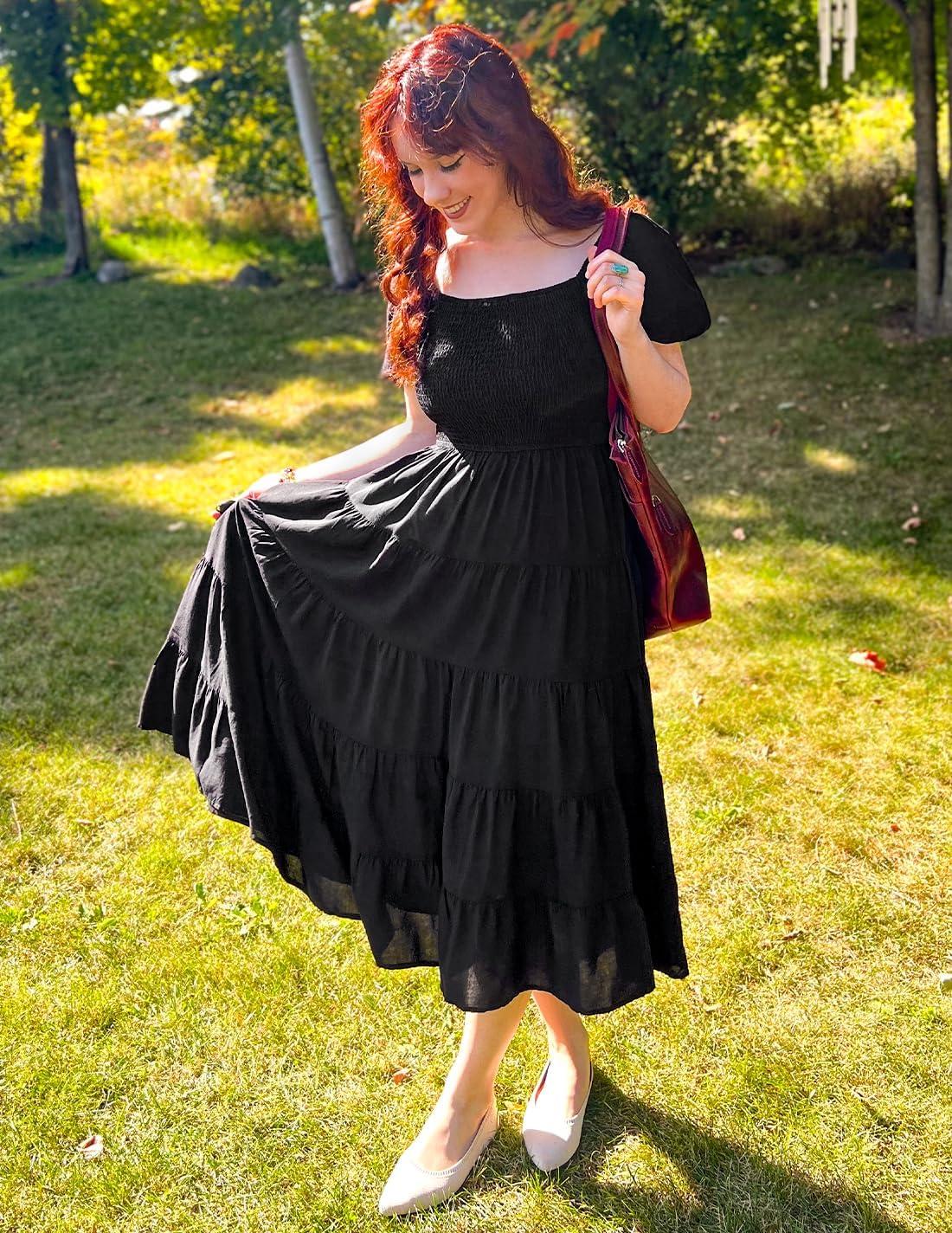 imageZESICA Womens 2026 Summer Square Neck Short Puff Sleeve Solid Color High Waist Casual Smocked Flowy A Line Tiered Midi DressBlack
