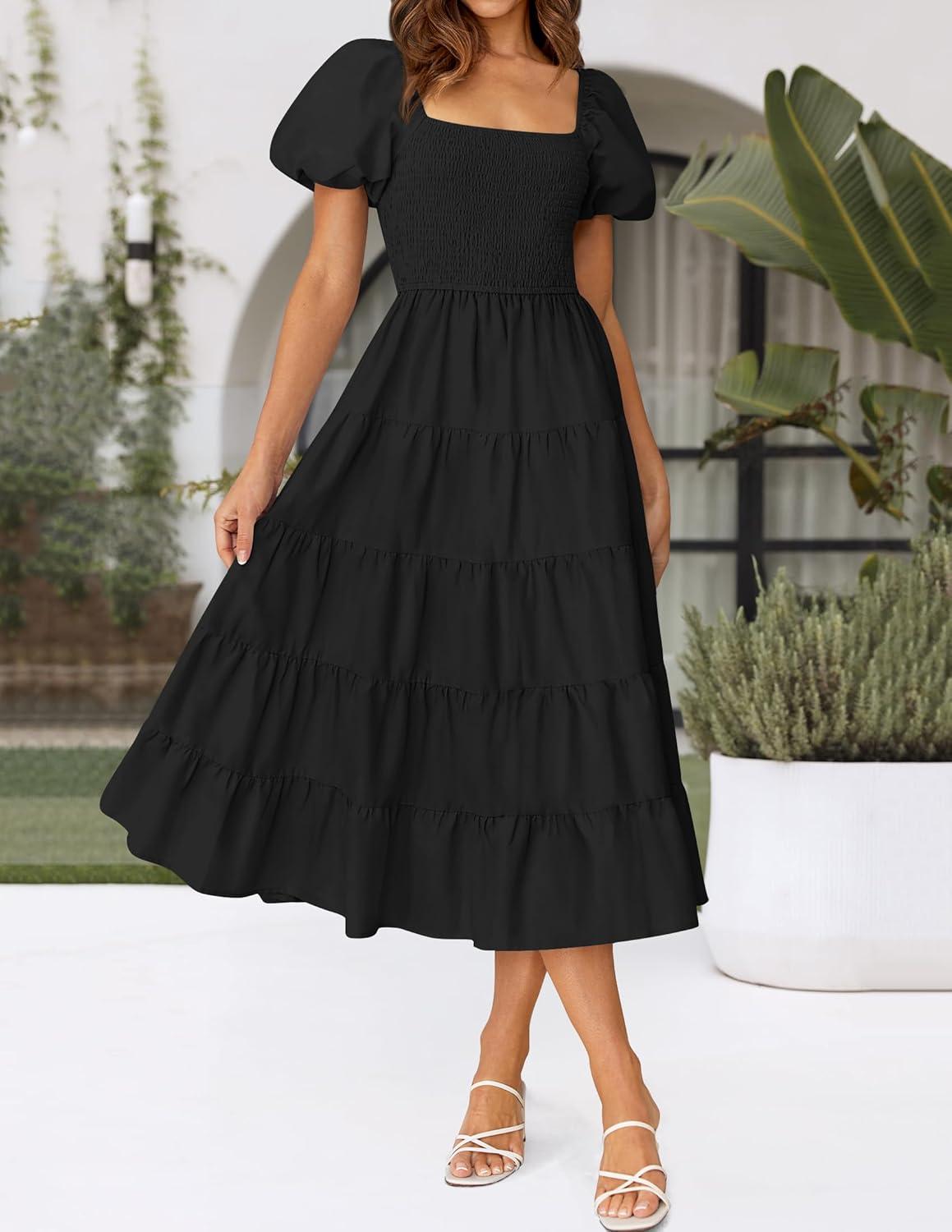 imageZESICA Womens 2026 Summer Square Neck Short Puff Sleeve Solid Color High Waist Casual Smocked Flowy A Line Tiered Midi DressBlack