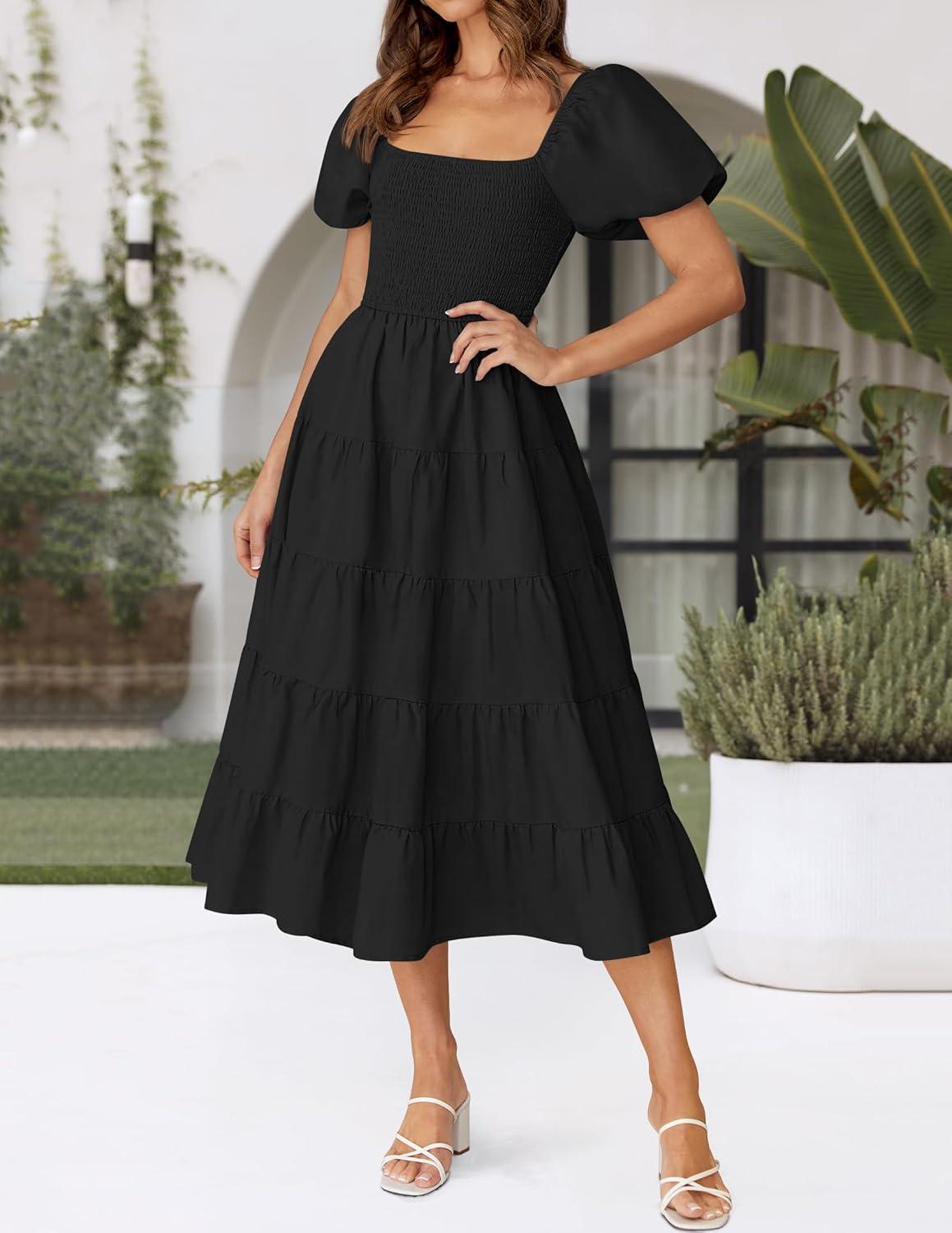 imageZESICA Womens 2026 Summer Square Neck Short Puff Sleeve Solid Color High Waist Casual Smocked Flowy A Line Tiered Midi DressBlack