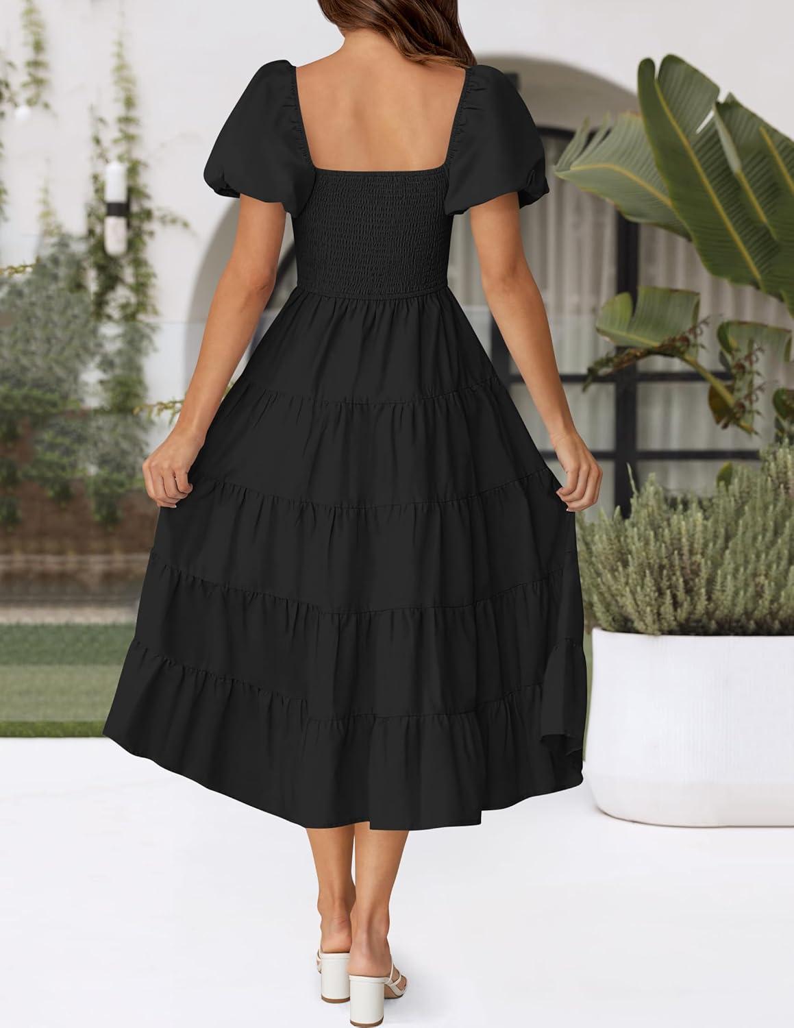 imageZESICA Womens 2026 Summer Square Neck Short Puff Sleeve Solid Color High Waist Casual Smocked Flowy A Line Tiered Midi DressBlack