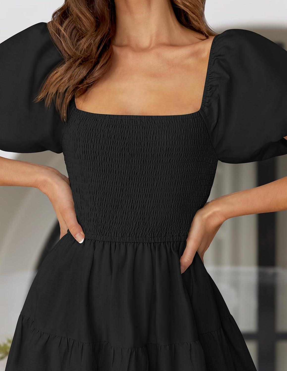 imageZESICA Womens 2026 Summer Square Neck Short Puff Sleeve Solid Color High Waist Casual Smocked Flowy A Line Tiered Midi DressBlack