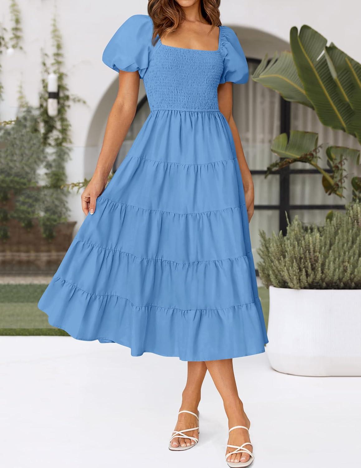 imageZESICA Womens 2026 Summer Square Neck Short Puff Sleeve Solid Color High Waist Casual Smocked Flowy A Line Tiered Midi DressBlue