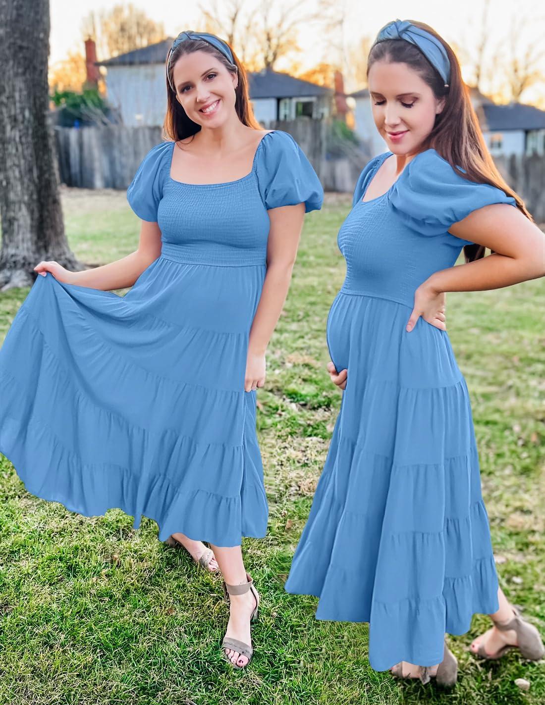 imageZESICA Womens 2026 Summer Square Neck Short Puff Sleeve Solid Color High Waist Casual Smocked Flowy A Line Tiered Midi DressBlue