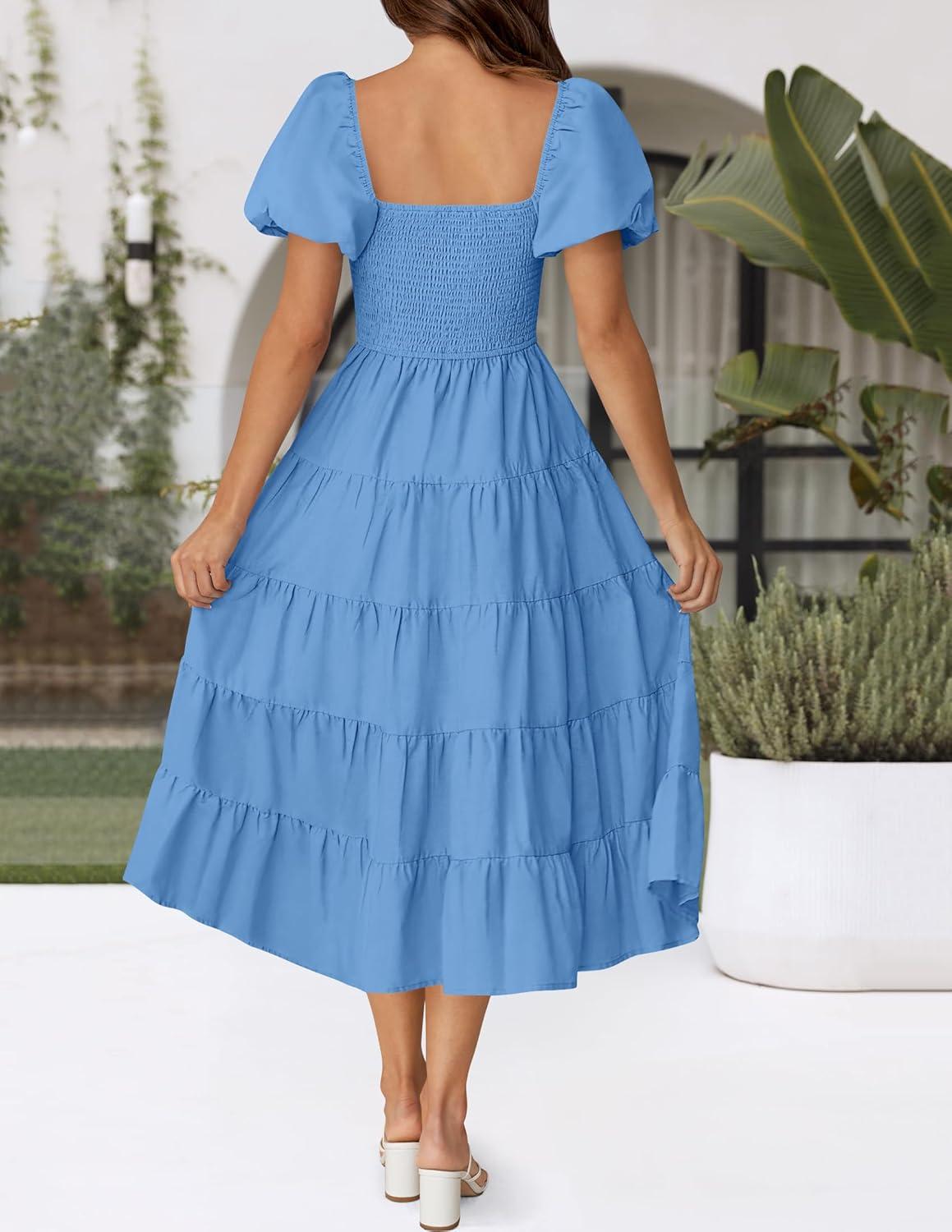 imageZESICA Womens 2026 Summer Square Neck Short Puff Sleeve Solid Color High Waist Casual Smocked Flowy A Line Tiered Midi DressBlue