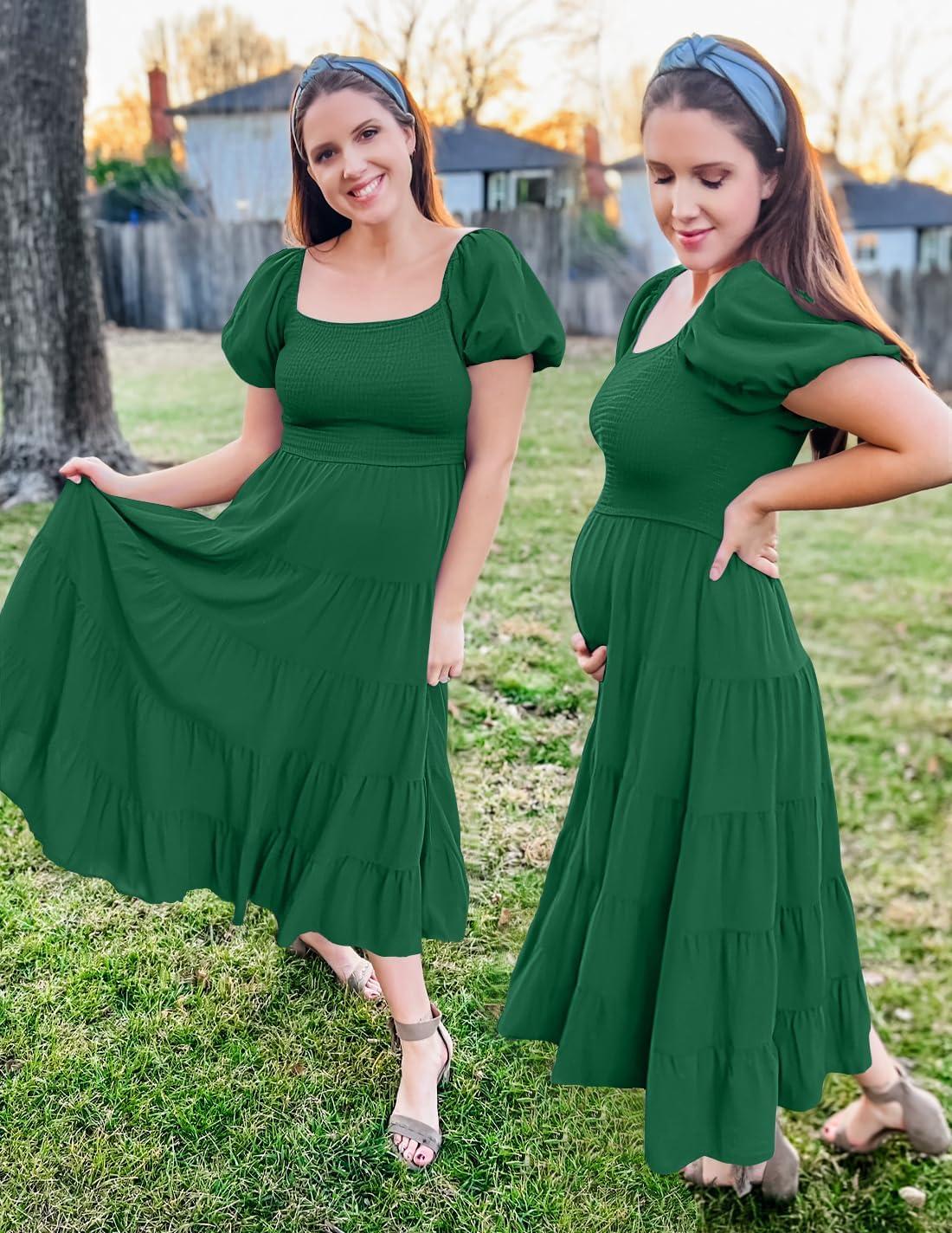 imageZESICA Womens 2026 Summer Square Neck Short Puff Sleeve Solid Color High Waist Casual Smocked Flowy A Line Tiered Midi DressForest Green