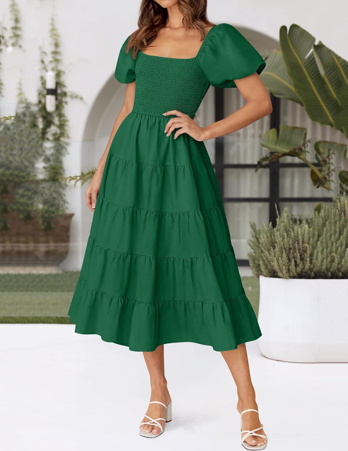 imageZESICA Womens 2026 Summer Square Neck Short Puff Sleeve Solid Color High Waist Casual Smocked Flowy A Line Tiered Midi DressForest Green