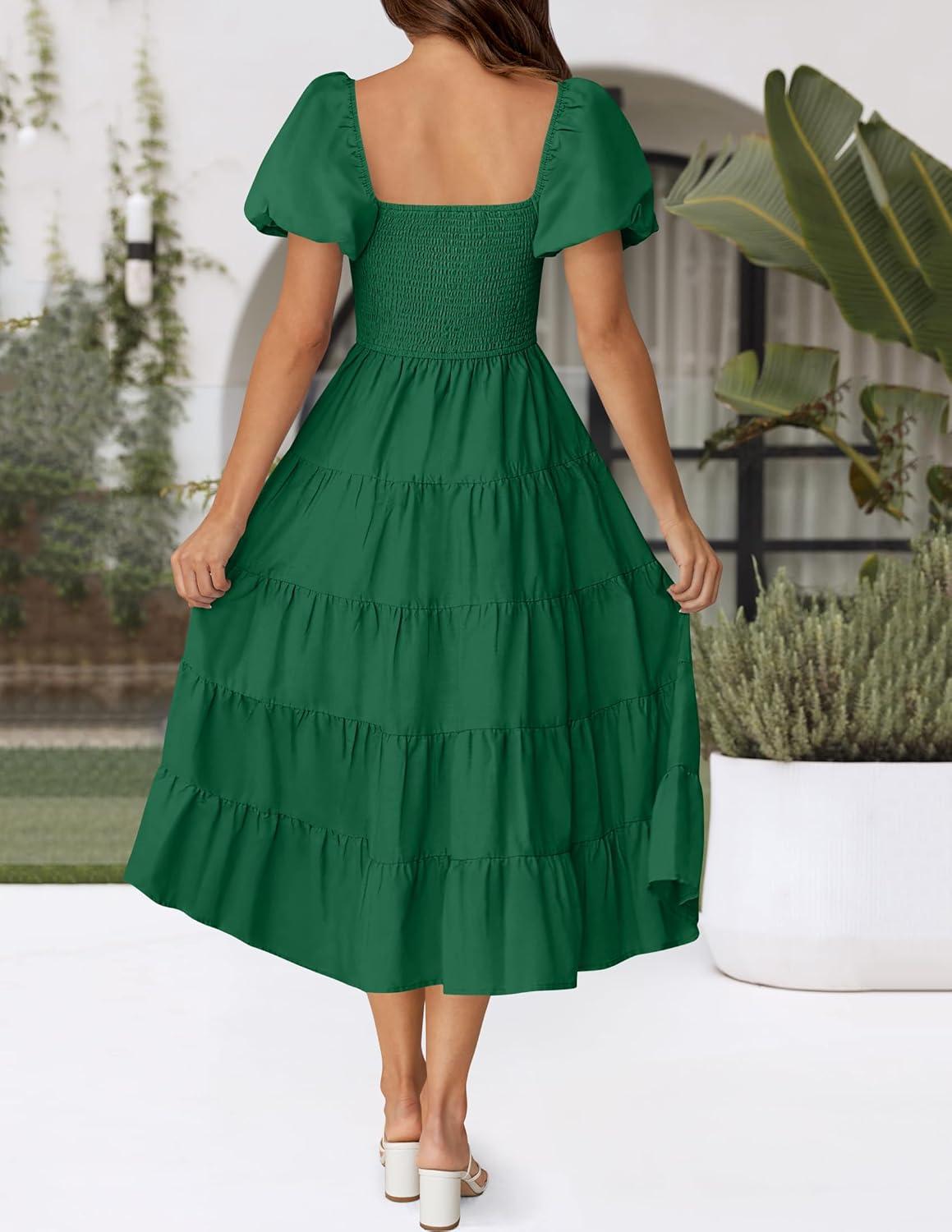 imageZESICA Womens 2026 Summer Square Neck Short Puff Sleeve Solid Color High Waist Casual Smocked Flowy A Line Tiered Midi DressForest Green