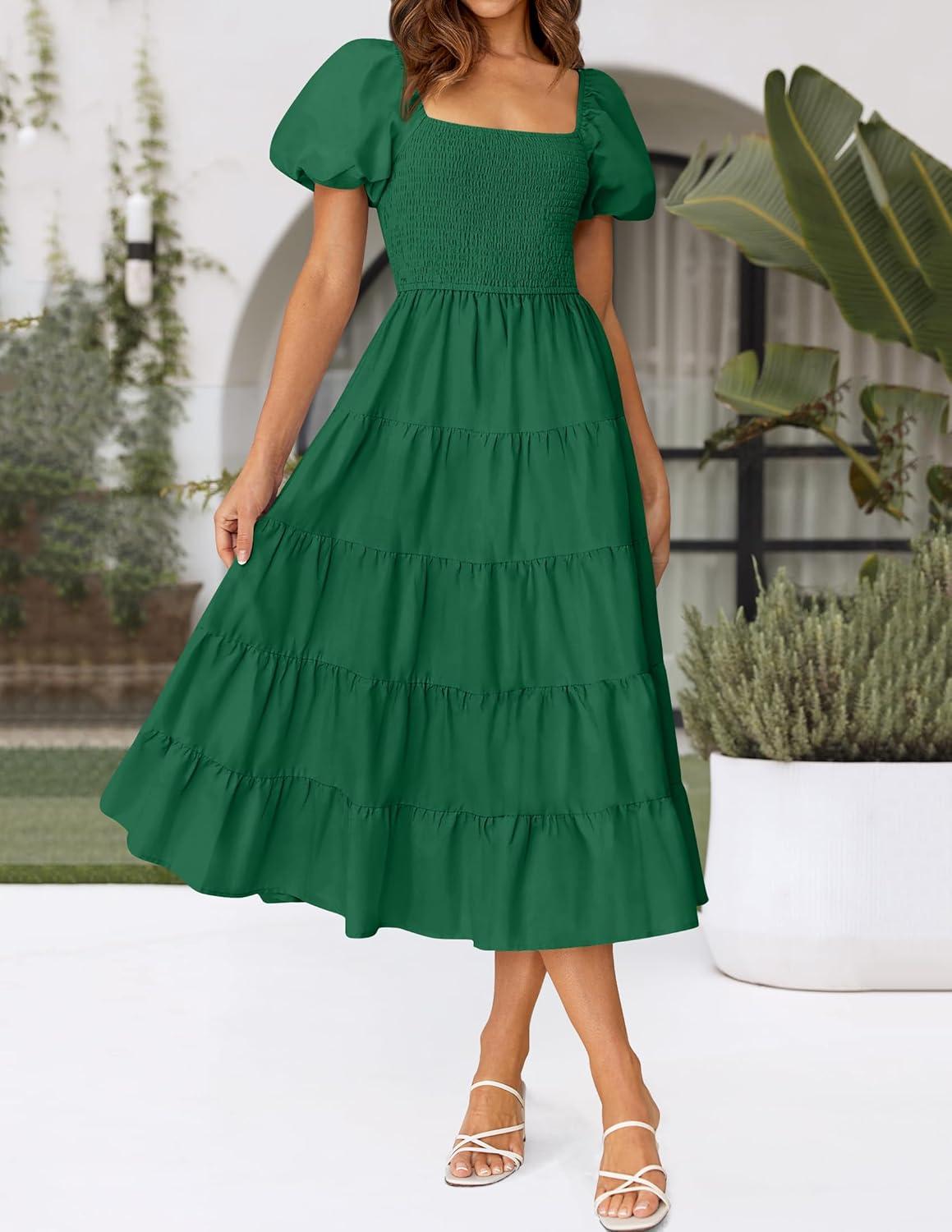 imageZESICA Womens 2026 Summer Square Neck Short Puff Sleeve Solid Color High Waist Casual Smocked Flowy A Line Tiered Midi DressForest Green